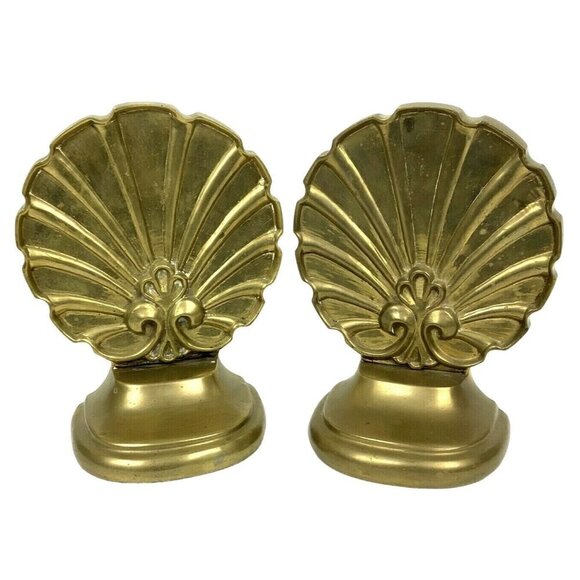 Floral Fan Shell Solid Brass Bookends Antiqued Patina Shelf Decor TIC India - Picture 1 of 5